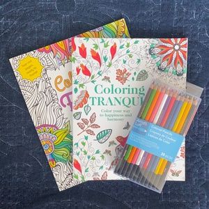 (2) Adult Coloring Books and Colored Pencils